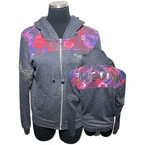 Victorias Secret Love Pink Hoodie S Zip Floral Sequin Dog Bling Lightweight Gray